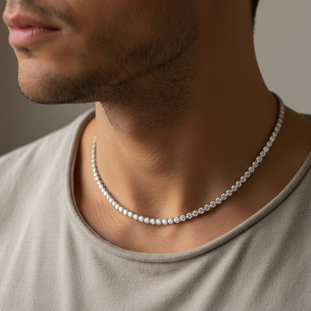 Man wearing Moissanite Riviera Necklace - angled view